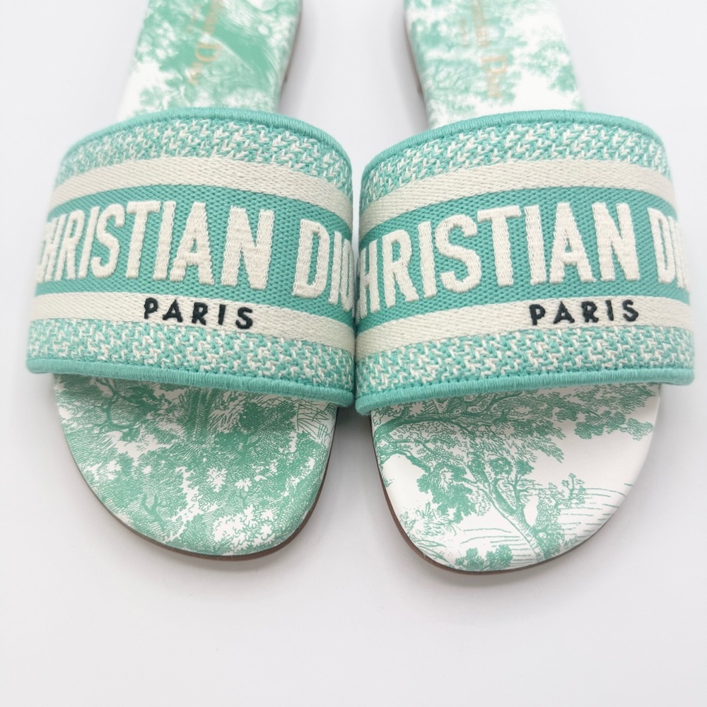 NEW Dior Green White Dway Toile Embroidered Canvas Flat Slide Sandals Shoes - Picture 2 of 9